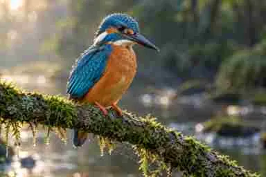 Low-resolution kingfisher photo with compressed feathers, moss, and water droplets before AI upscaling
